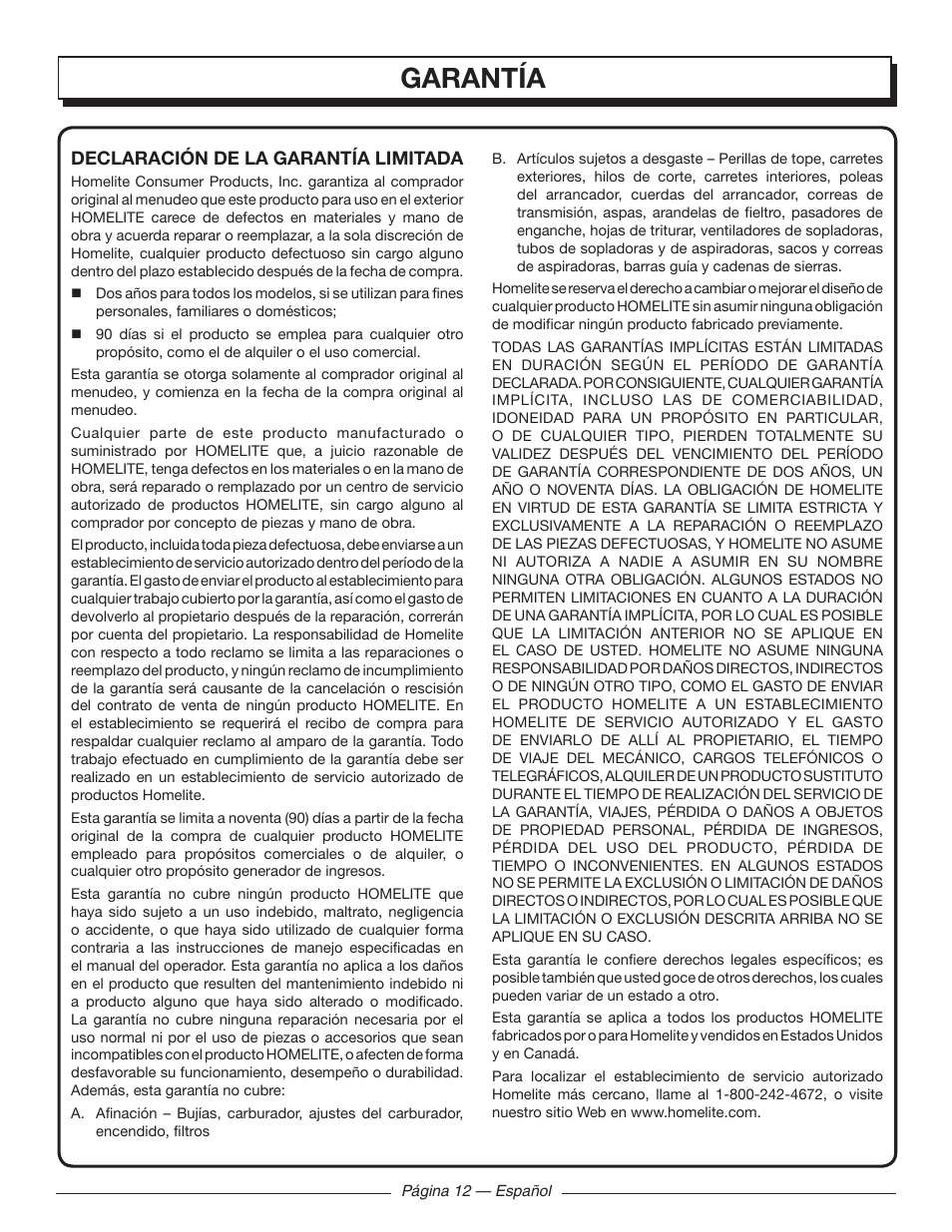 Garantía | Homelite UT09520 User Manual | Page 38 / 42