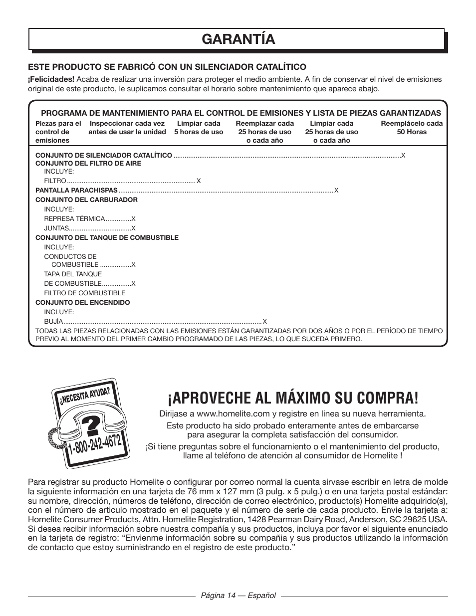 Aproveche al máximo su compra, Garantía | Homelite UT09520 User Manual | Page 40 / 42