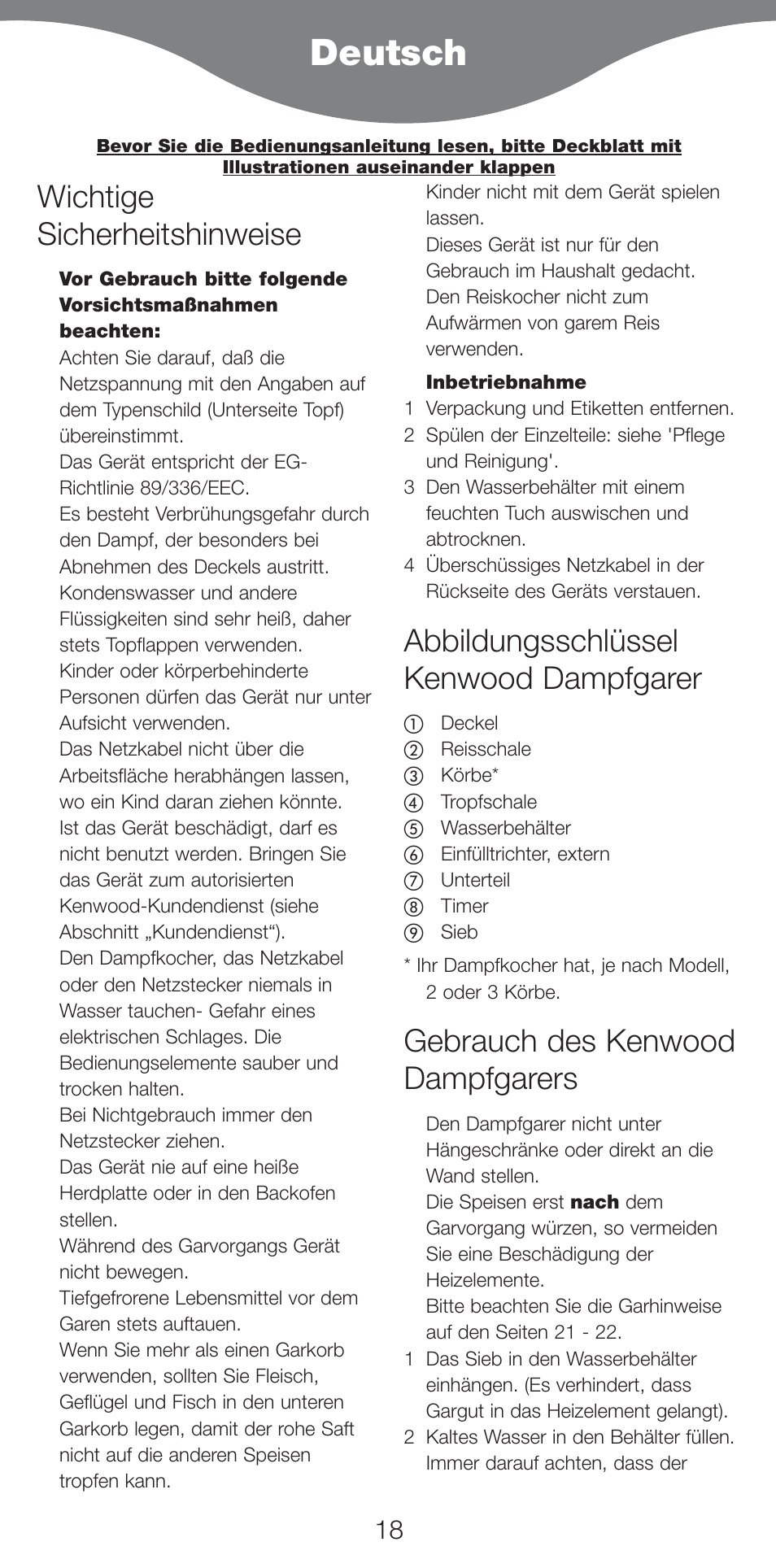 Deutsch, Wichtige sicherheitshinweise, Abbildungsschlüssel kenwood dampfgarer | Gebrauch des kenwood dampfgarers | Kenwood FS460 User Manual | Page 20 / 102