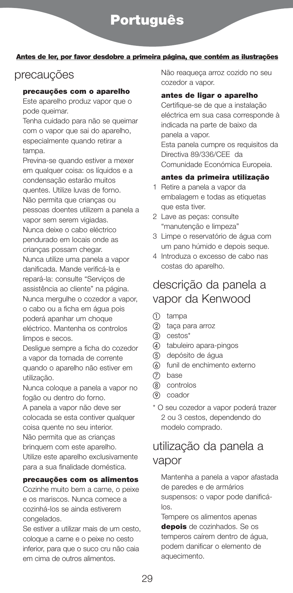 Português, Precauções, Descrição da panela a vapor da kenwood | Utilização da panela a vapor | Kenwood FS460 User Manual | Page 31 / 102