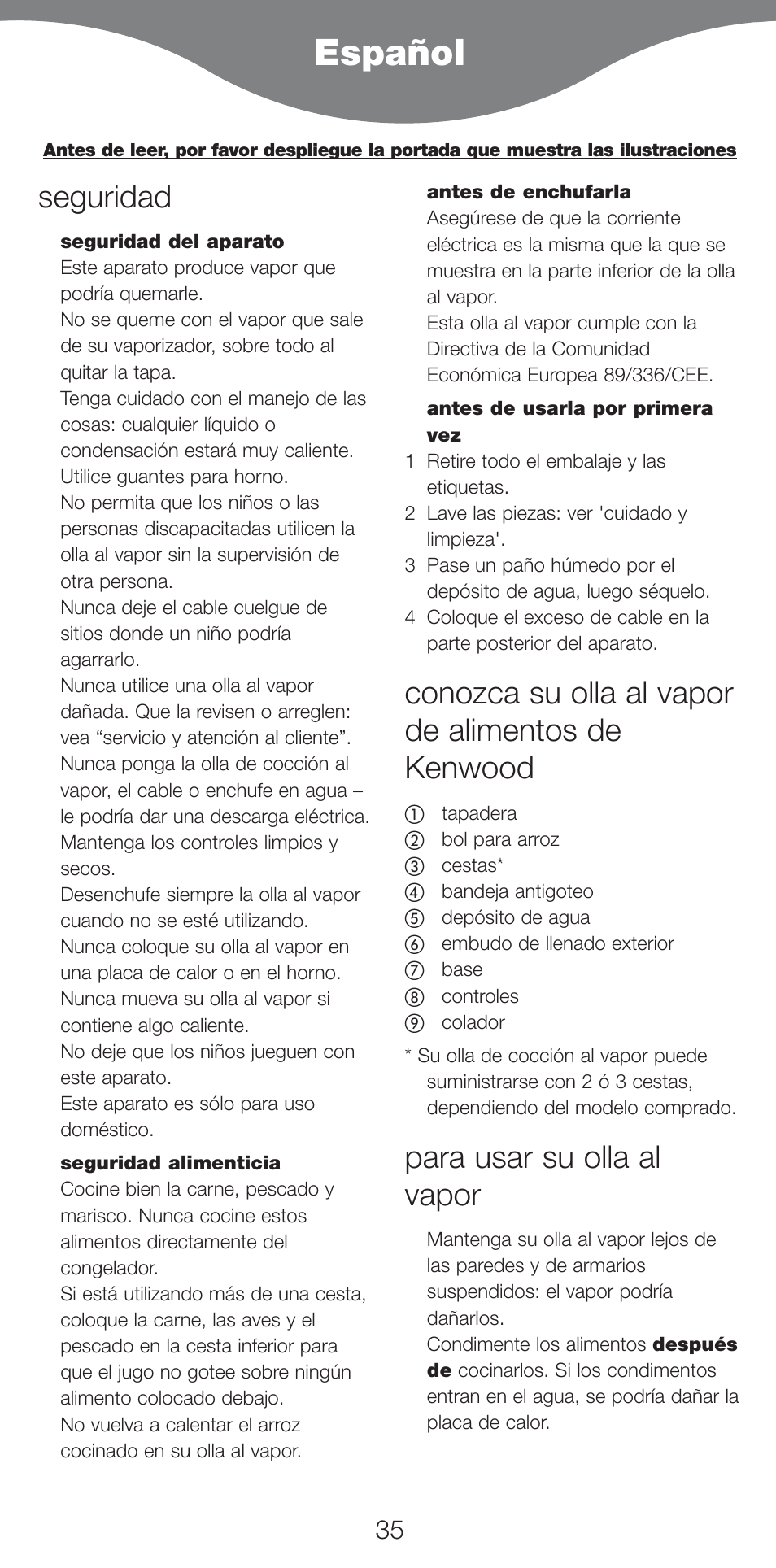 Español, Seguridad, Conozca su olla al vapor de alimentos de kenwood | Para usar su olla al vapor | Kenwood FS460 User Manual | Page 37 / 102