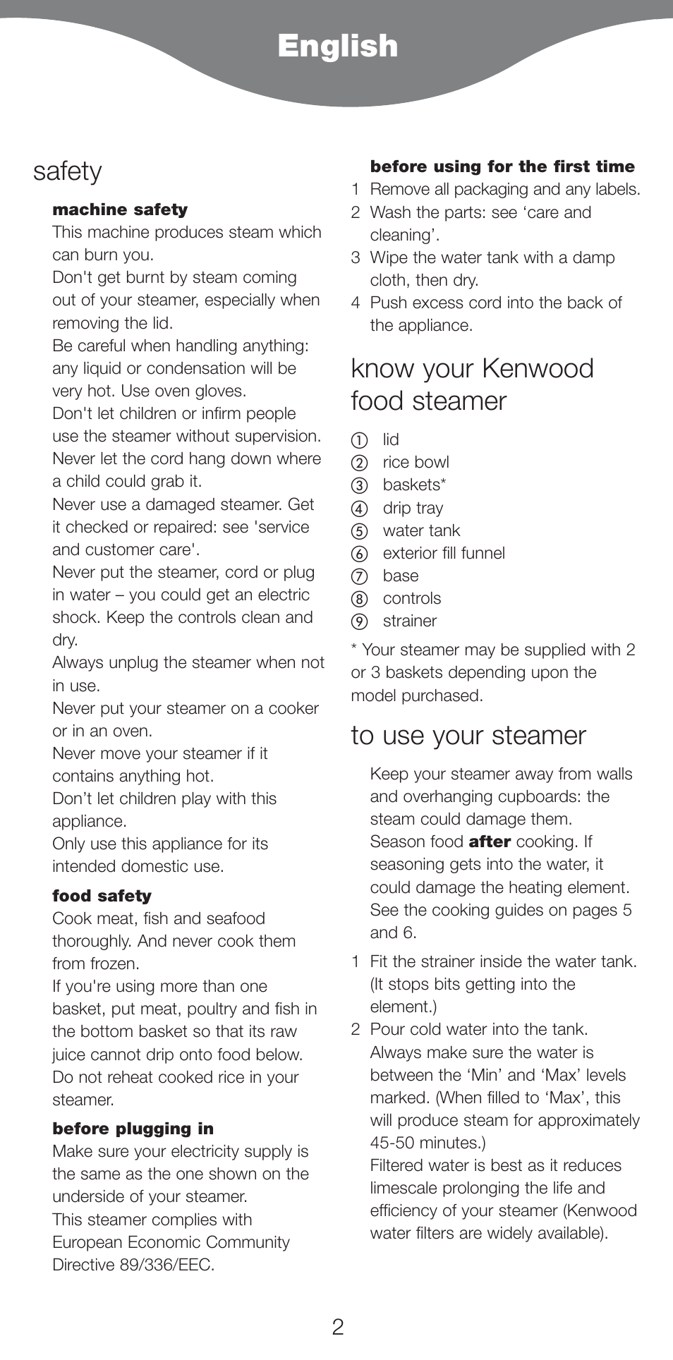 English, Safety, Know your kenwood food steamer | Kenwood FS460 User Manual | Page 4 / 102