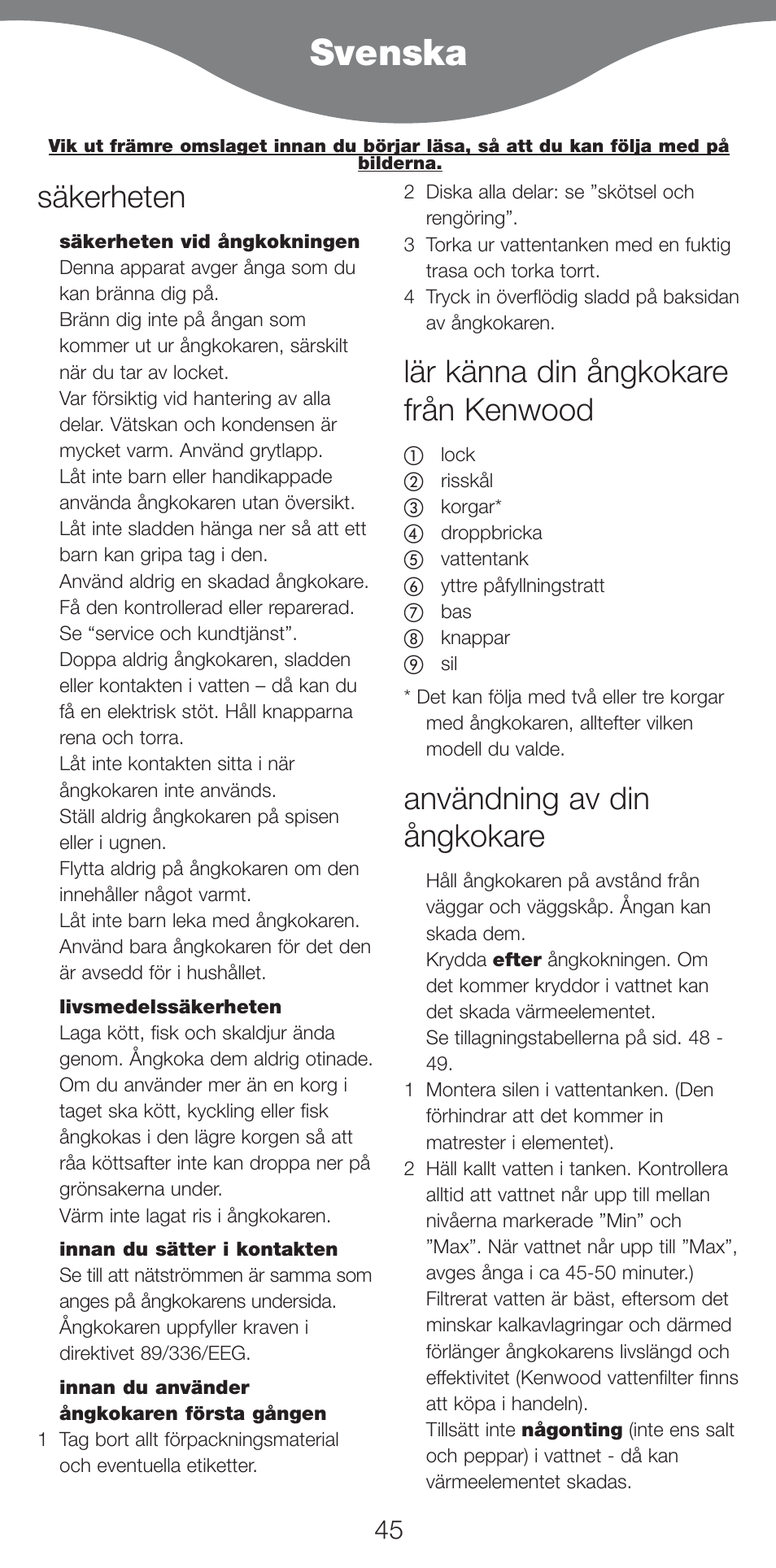 Svenska, Säkerheten, Lär känna din ångkokare från kenwood | Användning av din ångkokare | Kenwood FS460 User Manual | Page 47 / 102