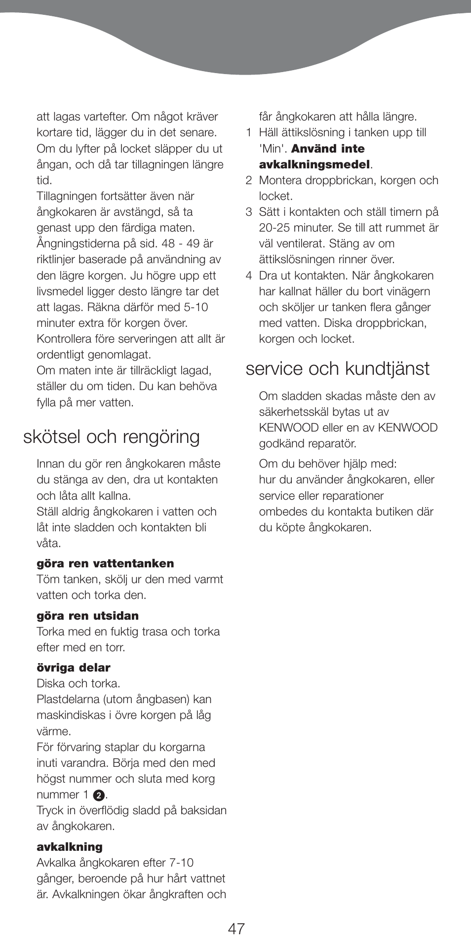 Skötsel och rengöring, Service och kundtjänst | Kenwood FS460 User Manual | Page 49 / 102