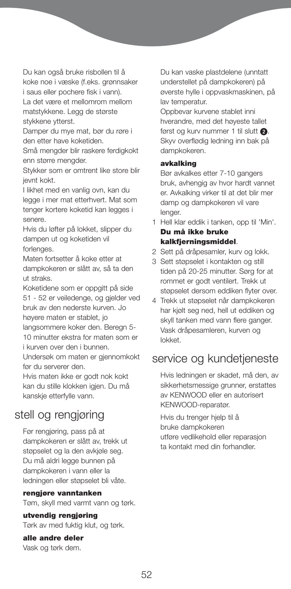 Stell og rengjøring, Service og kundetjeneste | Kenwood FS460 User Manual | Page 54 / 102