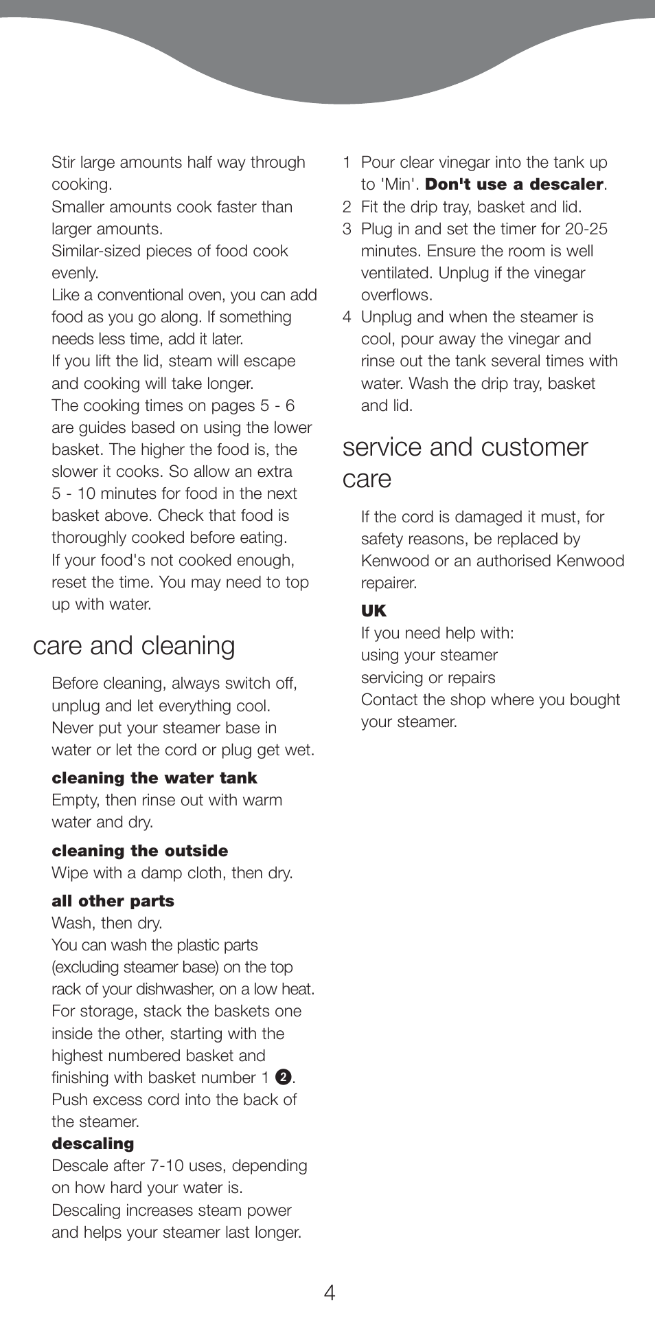 Care and cleaning, Service and customer care | Kenwood FS460 User Manual | Page 6 / 102