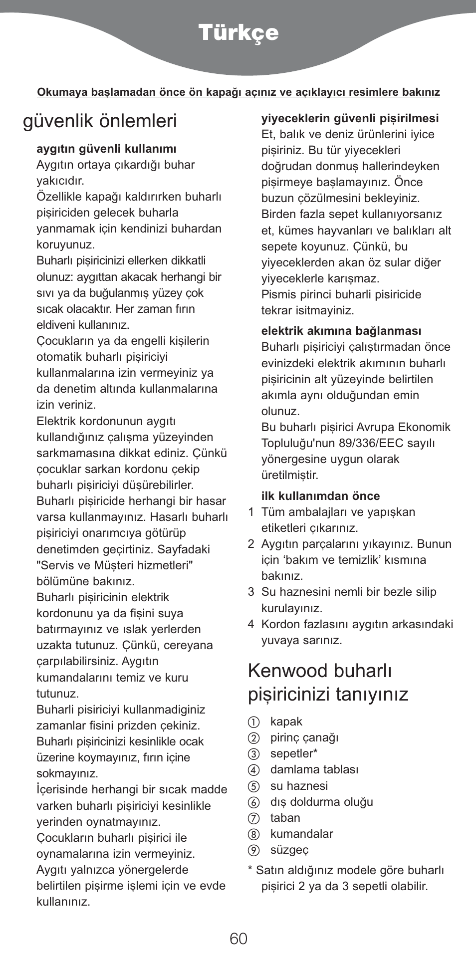 Türkçe, Güvenlik önlemleri, Kenwood buharlı pi…iricinizi tanıyınız | Kenwood FS460 User Manual | Page 62 / 102