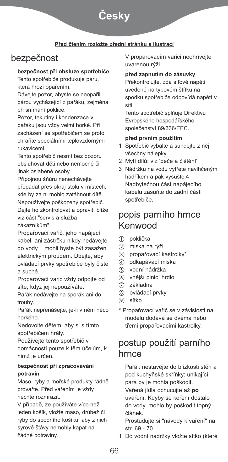 Ïesky, Bezpeïnost, Popis parního hrnce kenwood | Postup pou¥ití parního hrnce | Kenwood FS460 User Manual | Page 68 / 102