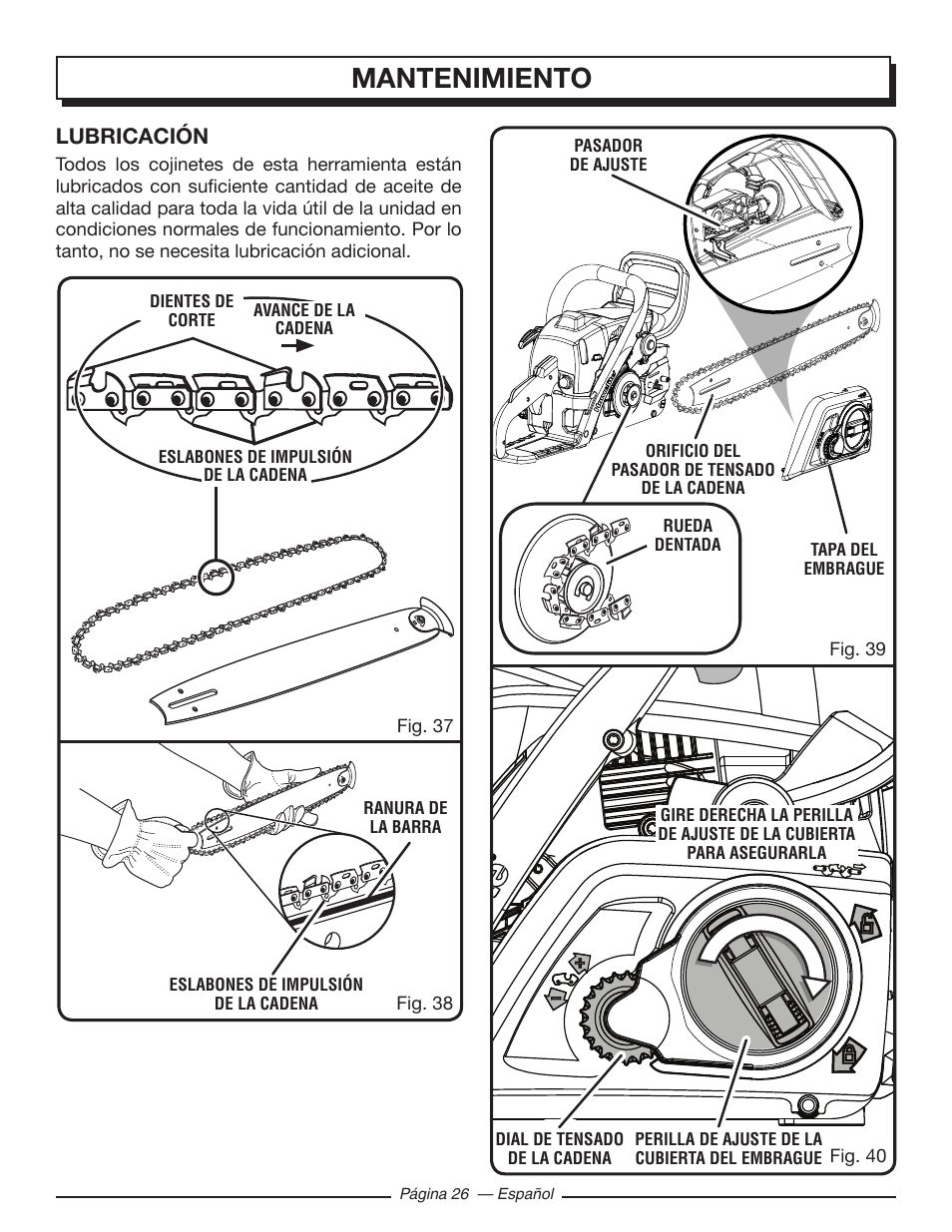 Mantenimiento, Lubricación | Homelite UT10586 User Manual | Page 104 / 120