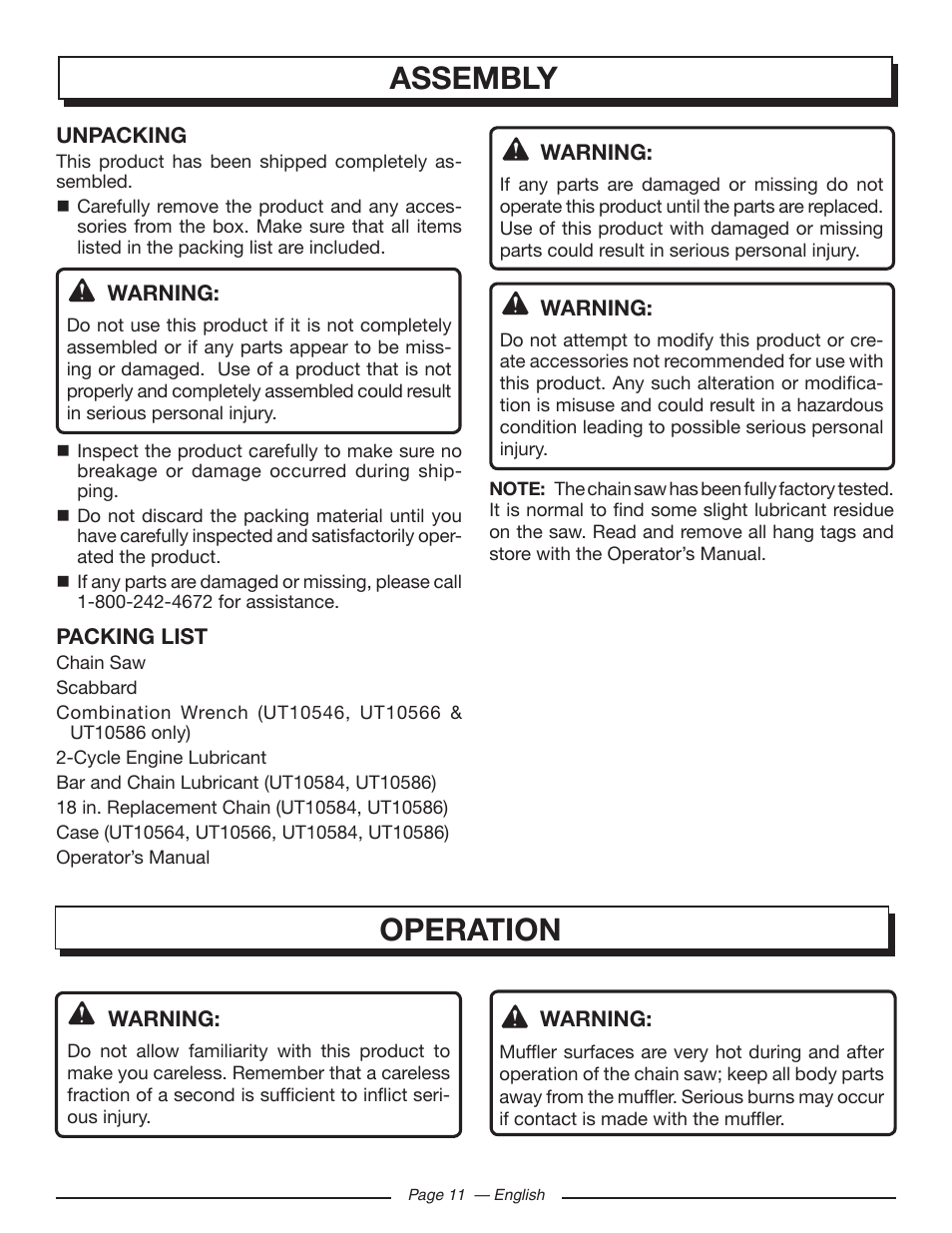 Assembly operation | Homelite UT10586 User Manual | Page 11 / 120