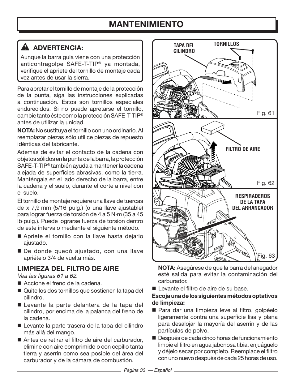 Mantenimiento, Advertencia, Limpieza del filtro de aire | Homelite UT10586 User Manual | Page 111 / 120