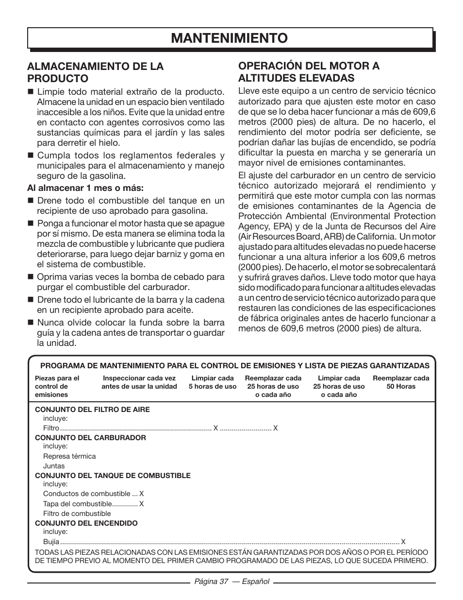 Mantenimiento, Almacenamiento de la producto, Operación del motor a altitudes elevadas | Homelite UT10586 User Manual | Page 115 / 120