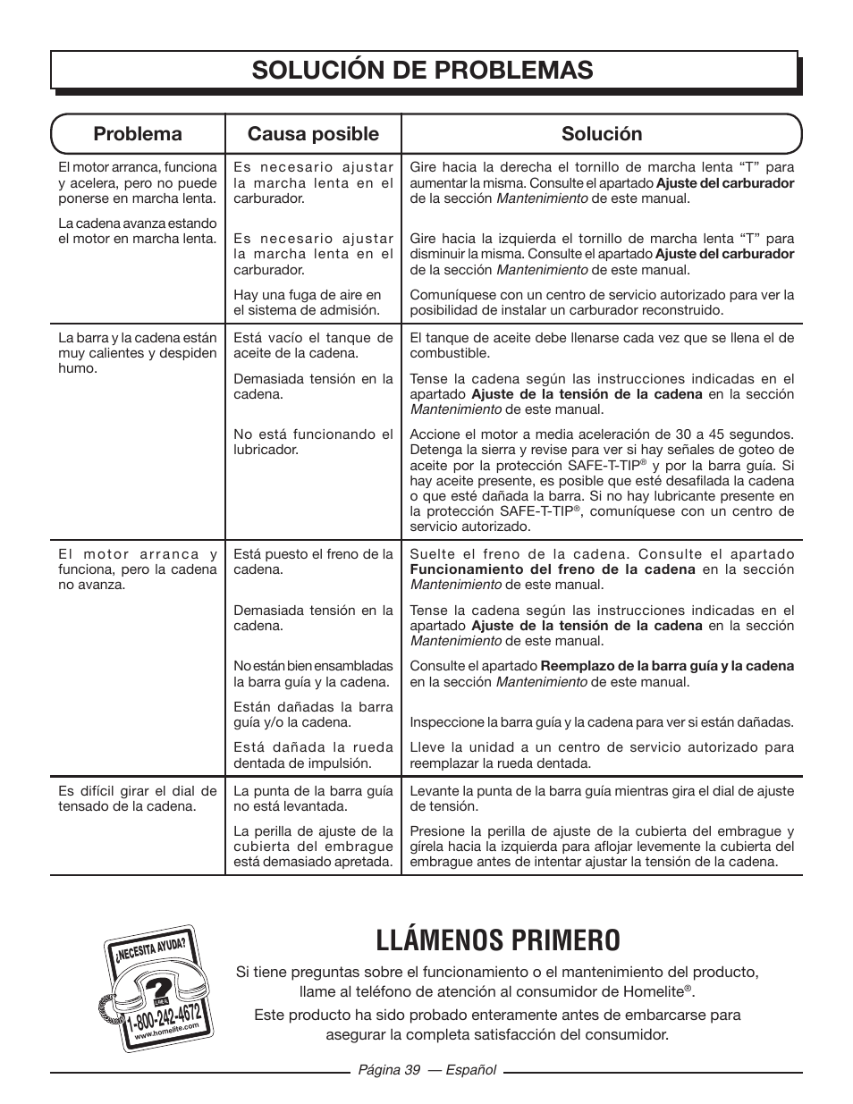 Llámenos primero, Solución de problemas, Problema causa posible solución | Homelite UT10586 User Manual | Page 117 / 120