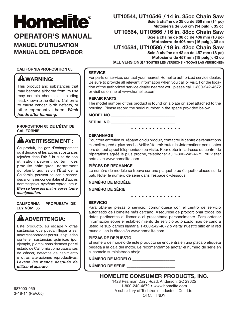 Operator’s manual, Manuel d’utilisation manual del operador warning, Avertissement | Advertencia, Homelite consumer products, inc | Homelite UT10586 User Manual | Page 120 / 120