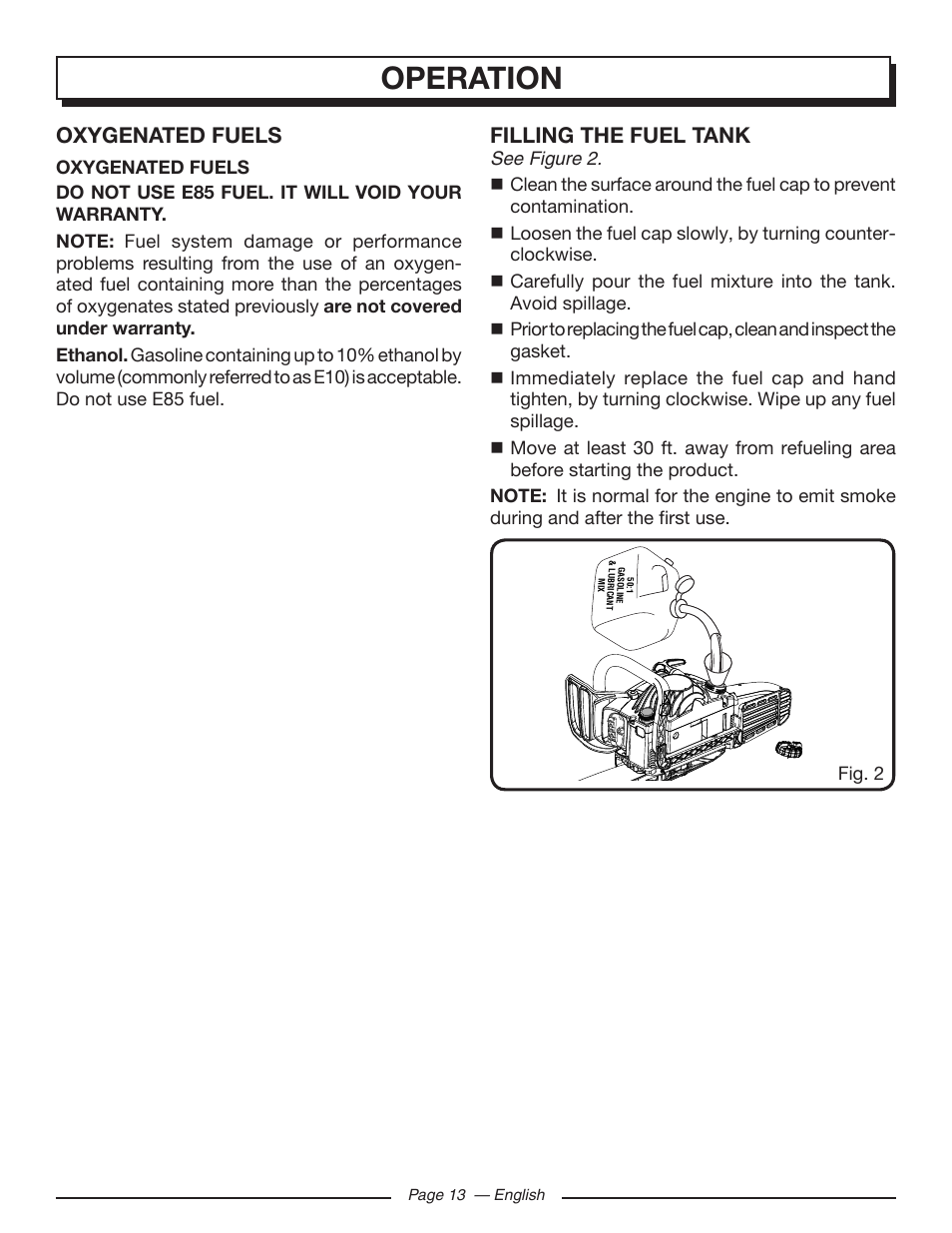 Operation, Oxygenated fuels, Filling the fuel tank | Homelite UT10586 User Manual | Page 13 / 120