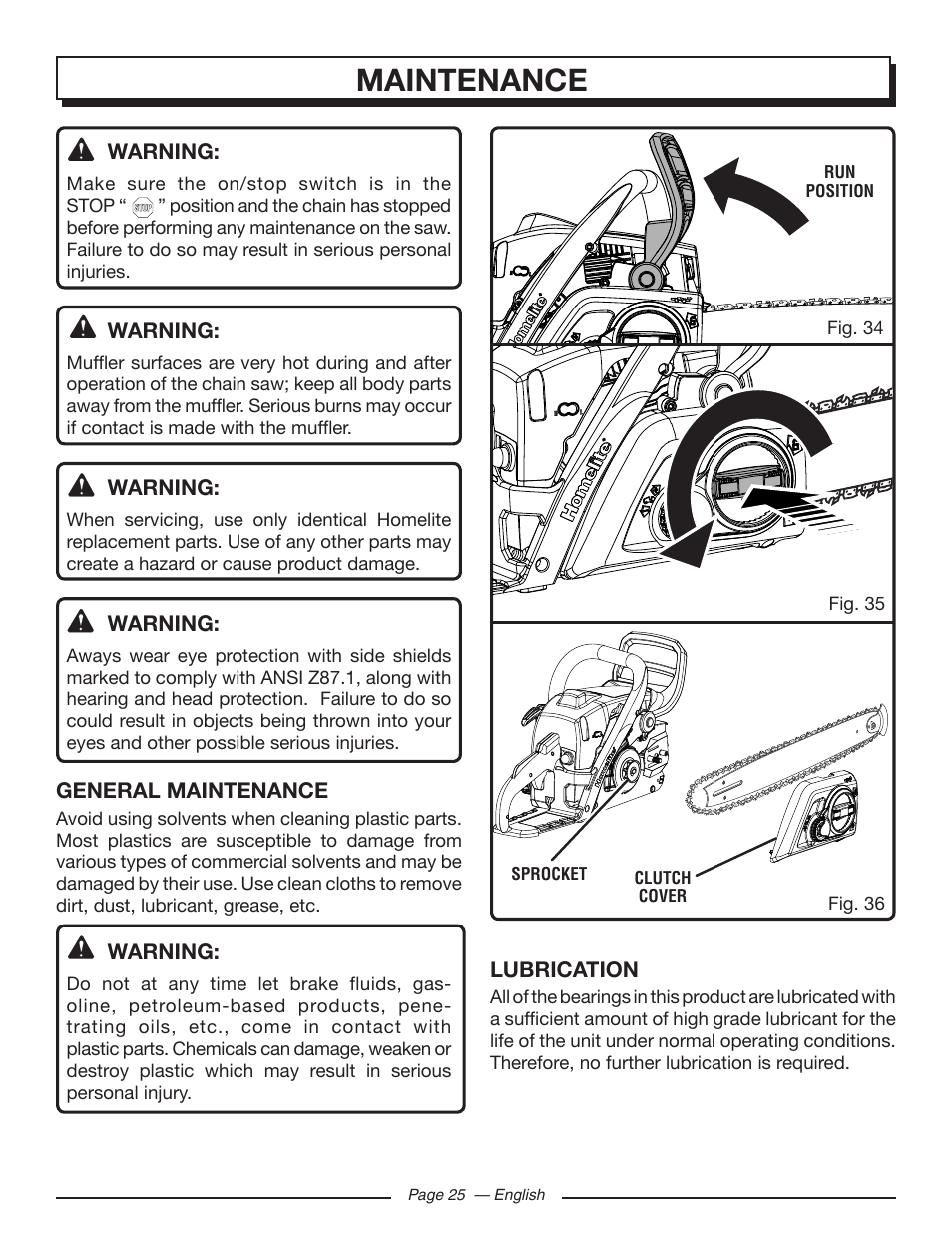 Maintenance | Homelite UT10586 User Manual | Page 25 / 120