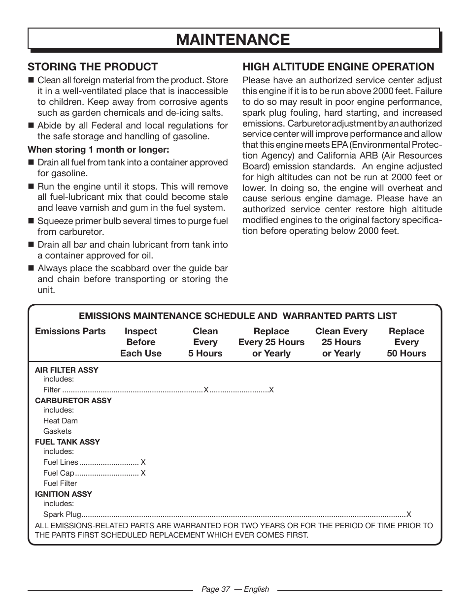 Maintenance | Homelite UT10586 User Manual | Page 37 / 120