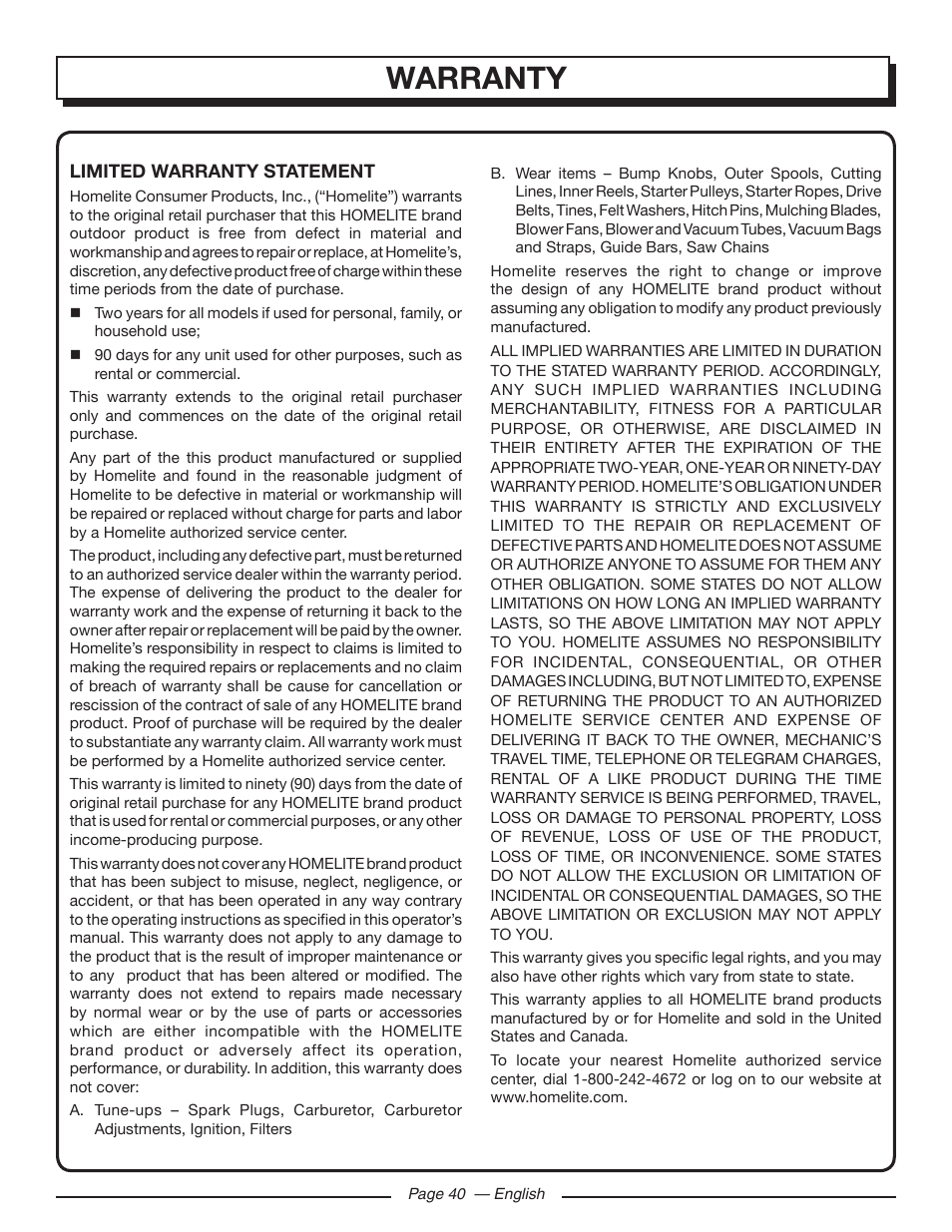 Warranty | Homelite UT10586 User Manual | Page 40 / 120