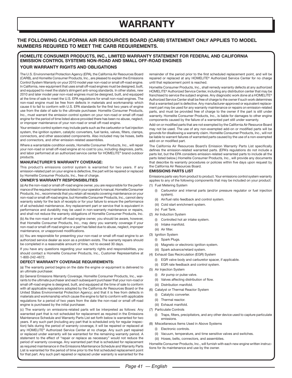 Warranty, Page 41 — english | Homelite UT10586 User Manual | Page 41 / 120