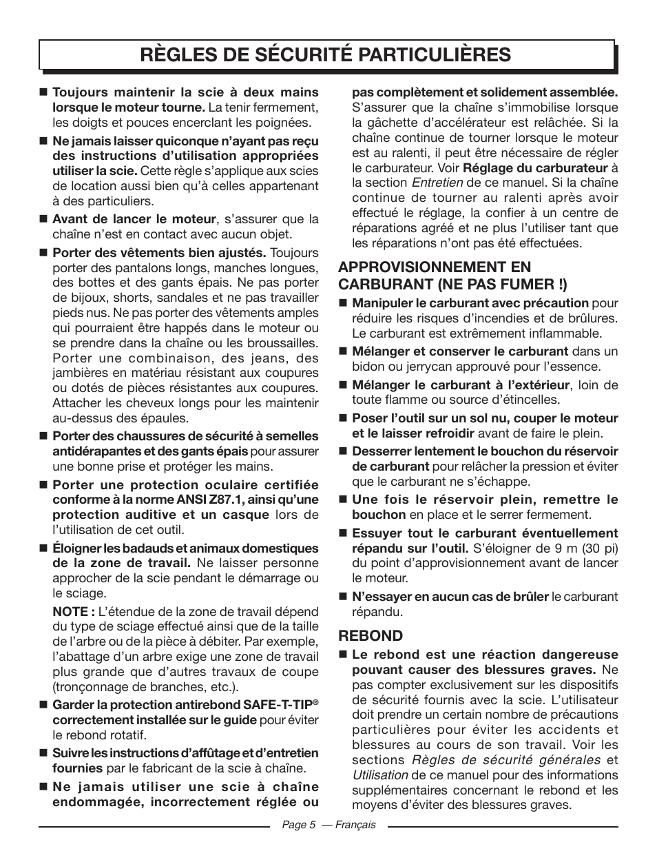 Règles de sécurité particulières | Homelite UT10586 User Manual | Page 44 / 120