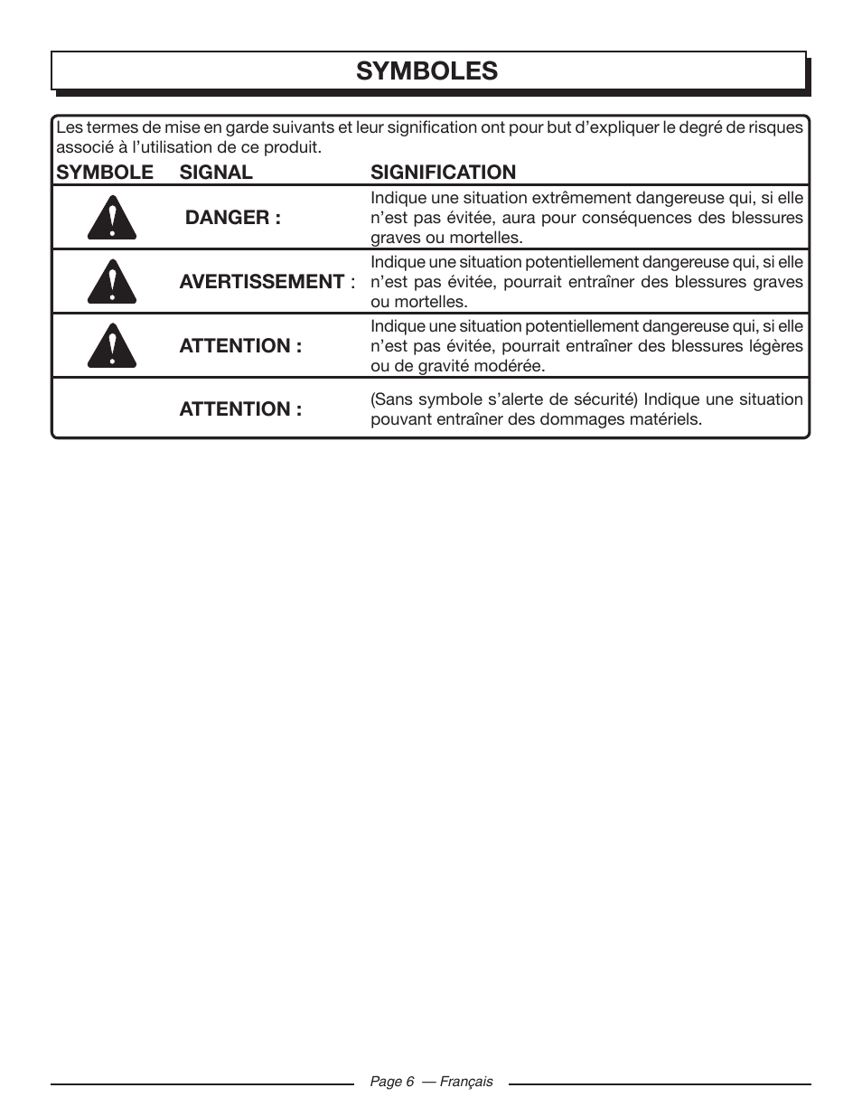 Symboles | Homelite UT10586 User Manual | Page 45 / 120