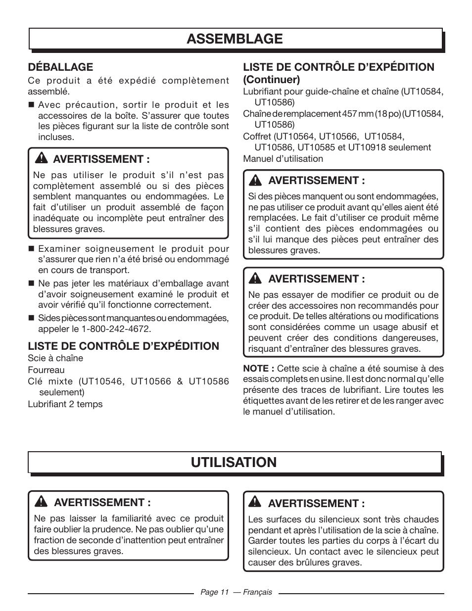 Assemblage utilisation | Homelite UT10586 User Manual | Page 50 / 120