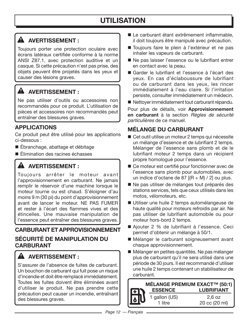 Utilisation | Homelite UT10586 User Manual | Page 51 / 120