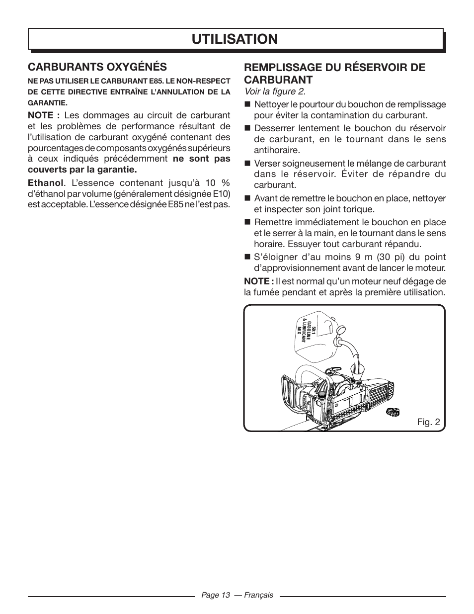 Utilisation, Carburants oxygénés, Remplissage du réservoir de carburant | Homelite UT10586 User Manual | Page 52 / 120