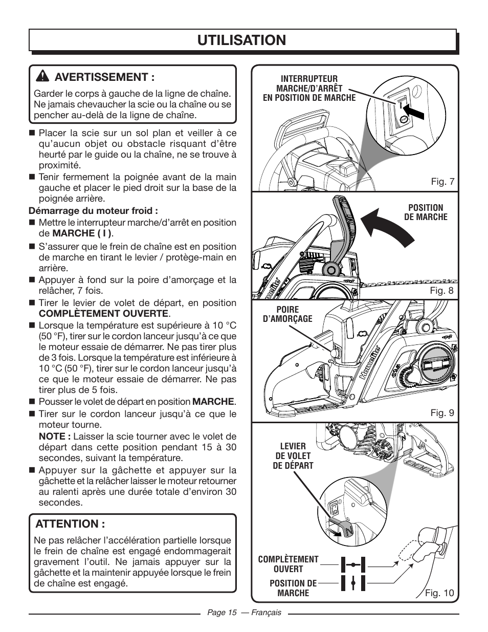 Utilisation, Avertissement, Attention | Homelite UT10586 User Manual | Page 54 / 120