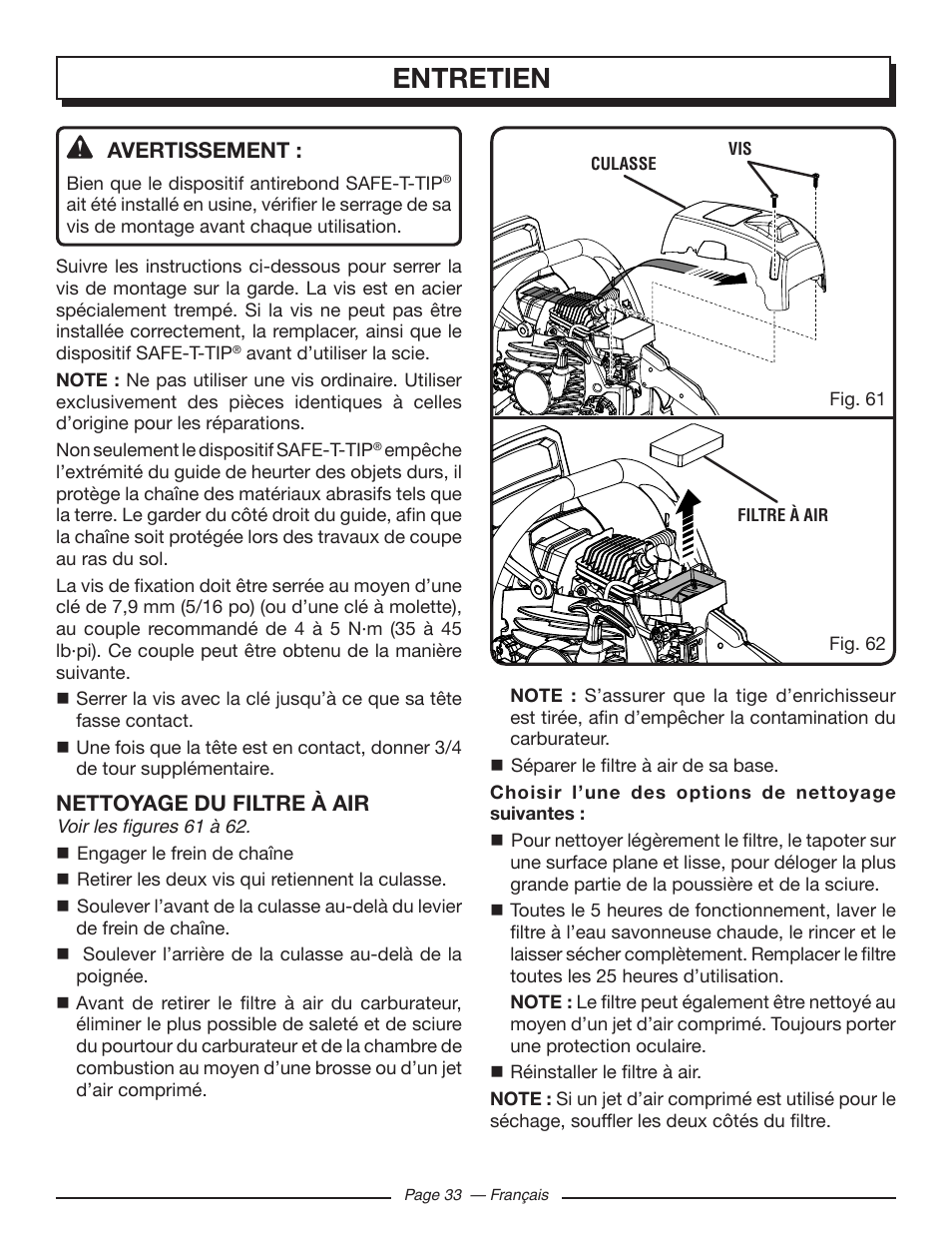 Entretien, Avertissement, Nettoyage du filtre à air | Homelite UT10586 User Manual | Page 72 / 120