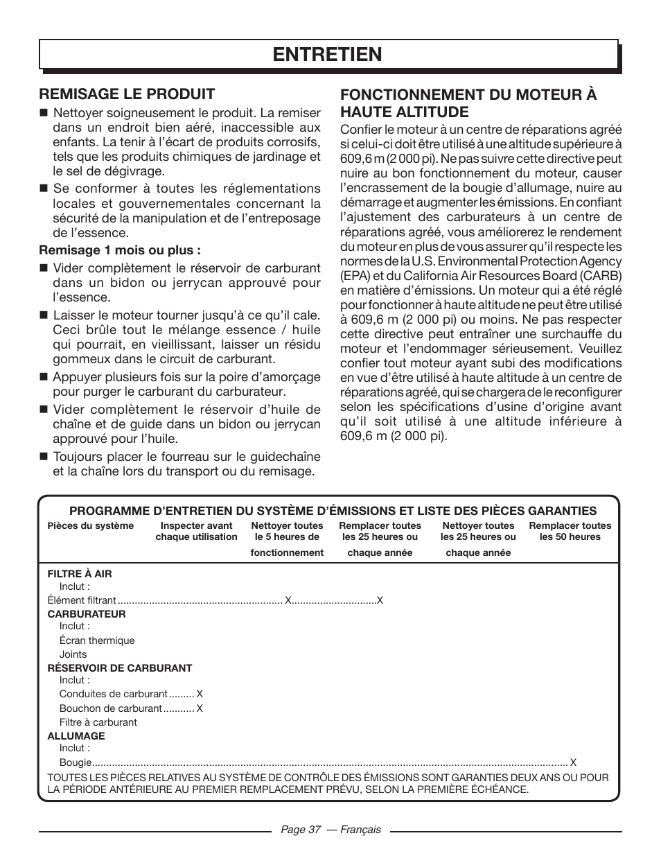 Entretien, Remisage le produit, Fonctionnement du moteur à haute altitude | Homelite UT10586 User Manual | Page 76 / 120