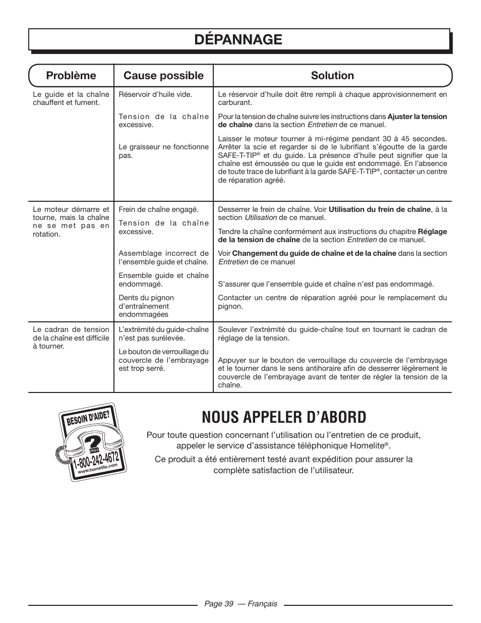 Nous appeler d’abord, Dépannage, Problème cause possible solution | Besoin d’aid e | Homelite UT10586 User Manual | Page 78 / 120