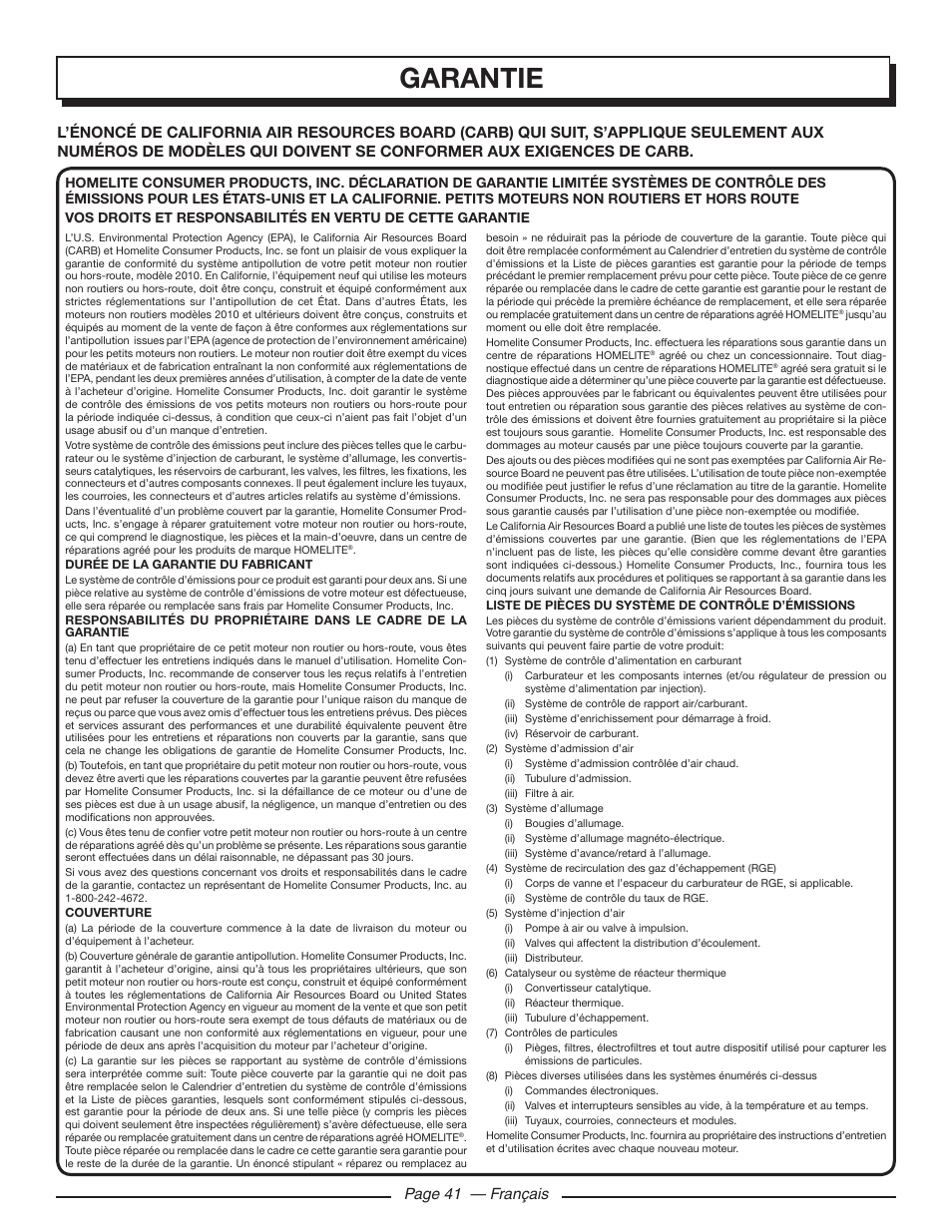 Garantie, Page 41 — français | Homelite UT10586 User Manual | Page 80 / 120