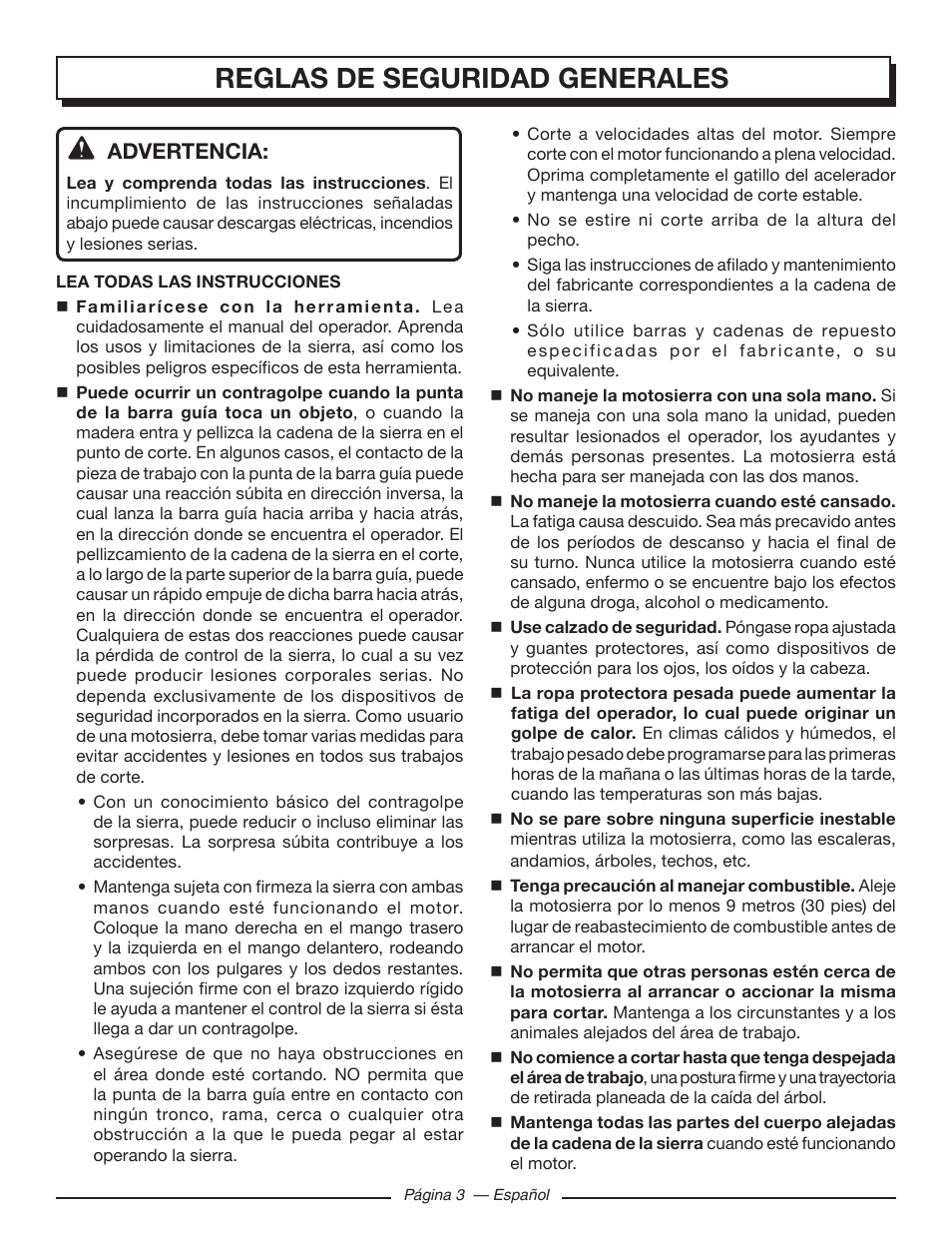 Reglas de seguridad generales, Advertencia | Homelite UT10586 User Manual | Page 81 / 120