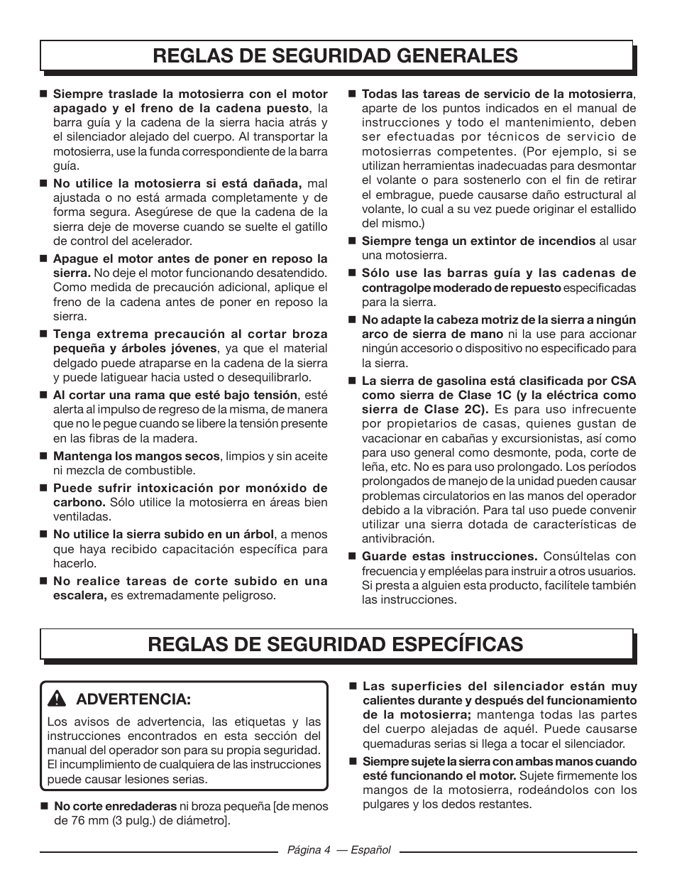 Reglas de seguridad generales, Reglas de seguridad específicas, Advertencia | Homelite UT10586 User Manual | Page 82 / 120