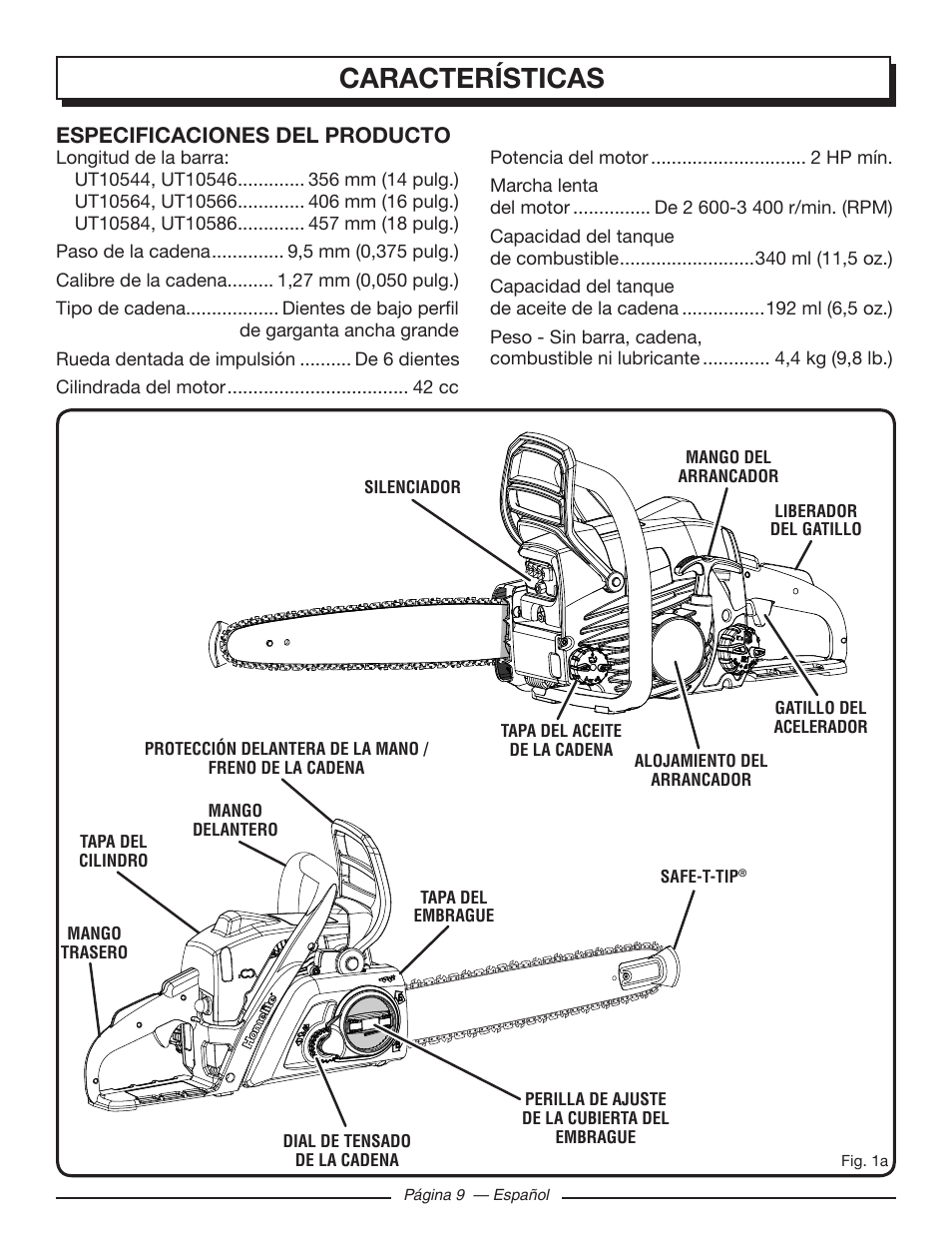 Características, Especificaciones del producto | Homelite UT10586 User Manual | Page 87 / 120