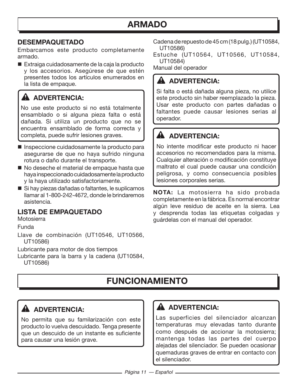 Armado funcionamiento | Homelite UT10586 User Manual | Page 89 / 120