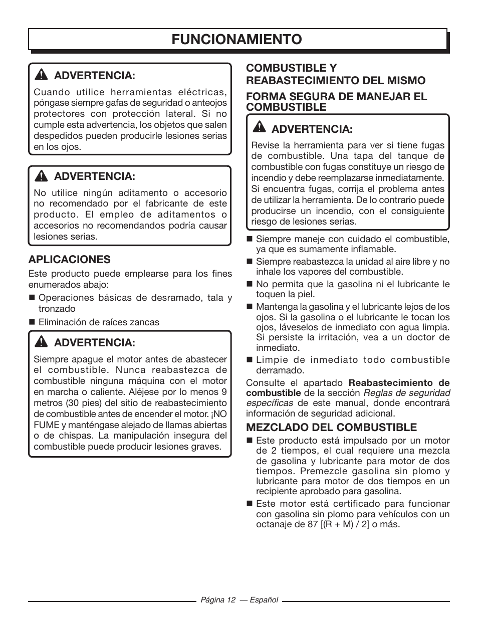 Funcionamiento | Homelite UT10586 User Manual | Page 90 / 120