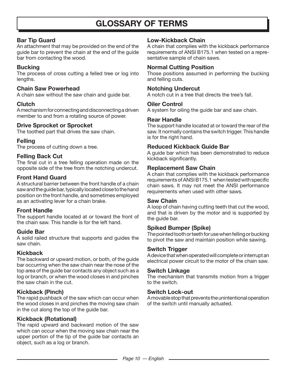 Glossary of terms | Homelite UT43103 User Manual | Page 10 / 92