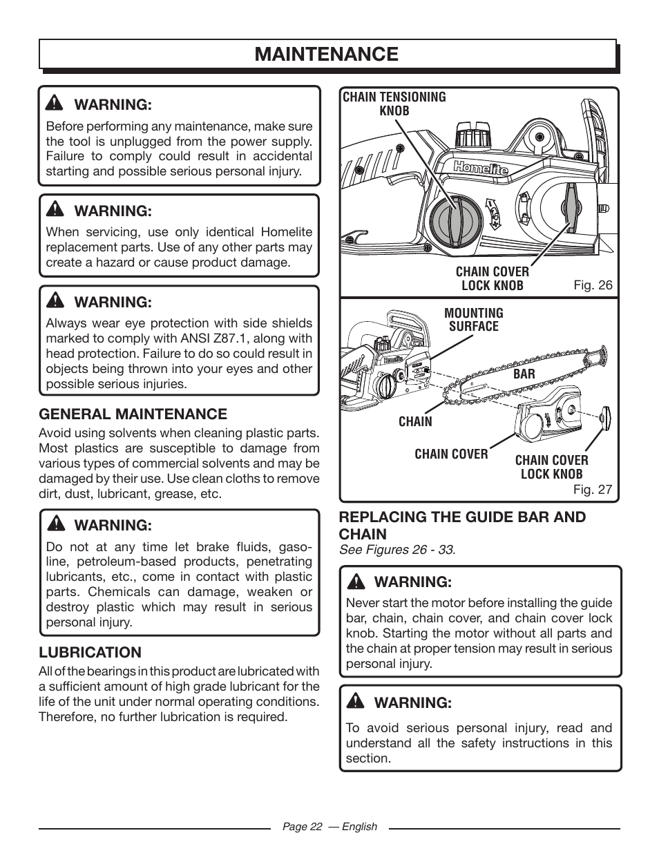 Maintenance | Homelite UT43103 User Manual | Page 22 / 92