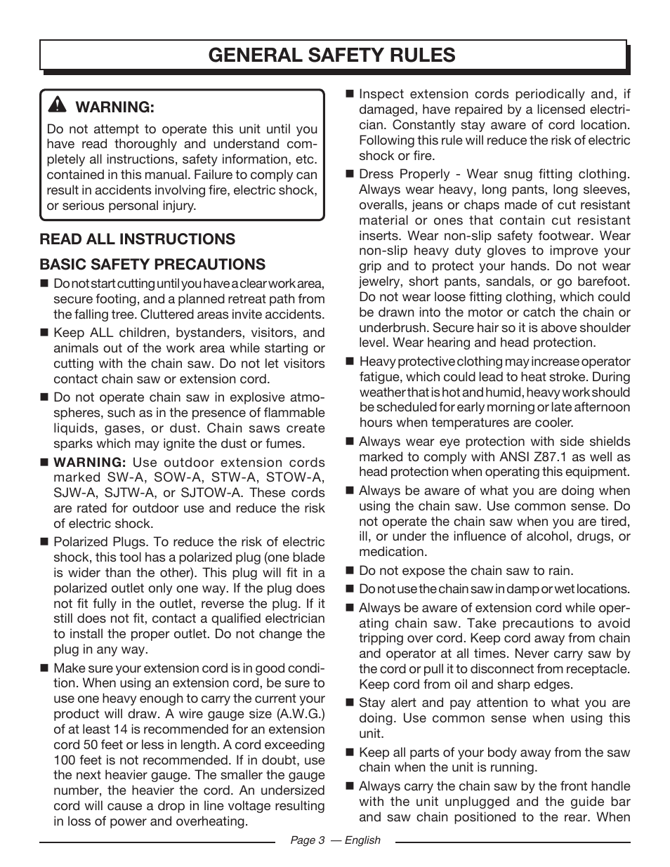 General safety rules | Homelite UT43103 User Manual | Page 3 / 92