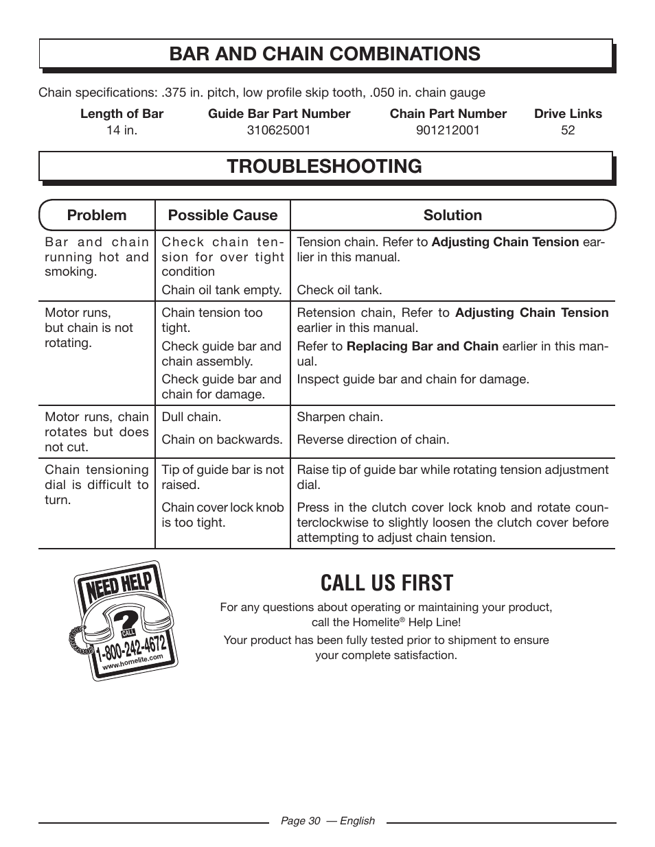 Call us first, Bar and chain combinations, Troubleshooting | Homelite UT43103 User Manual | Page 30 / 92