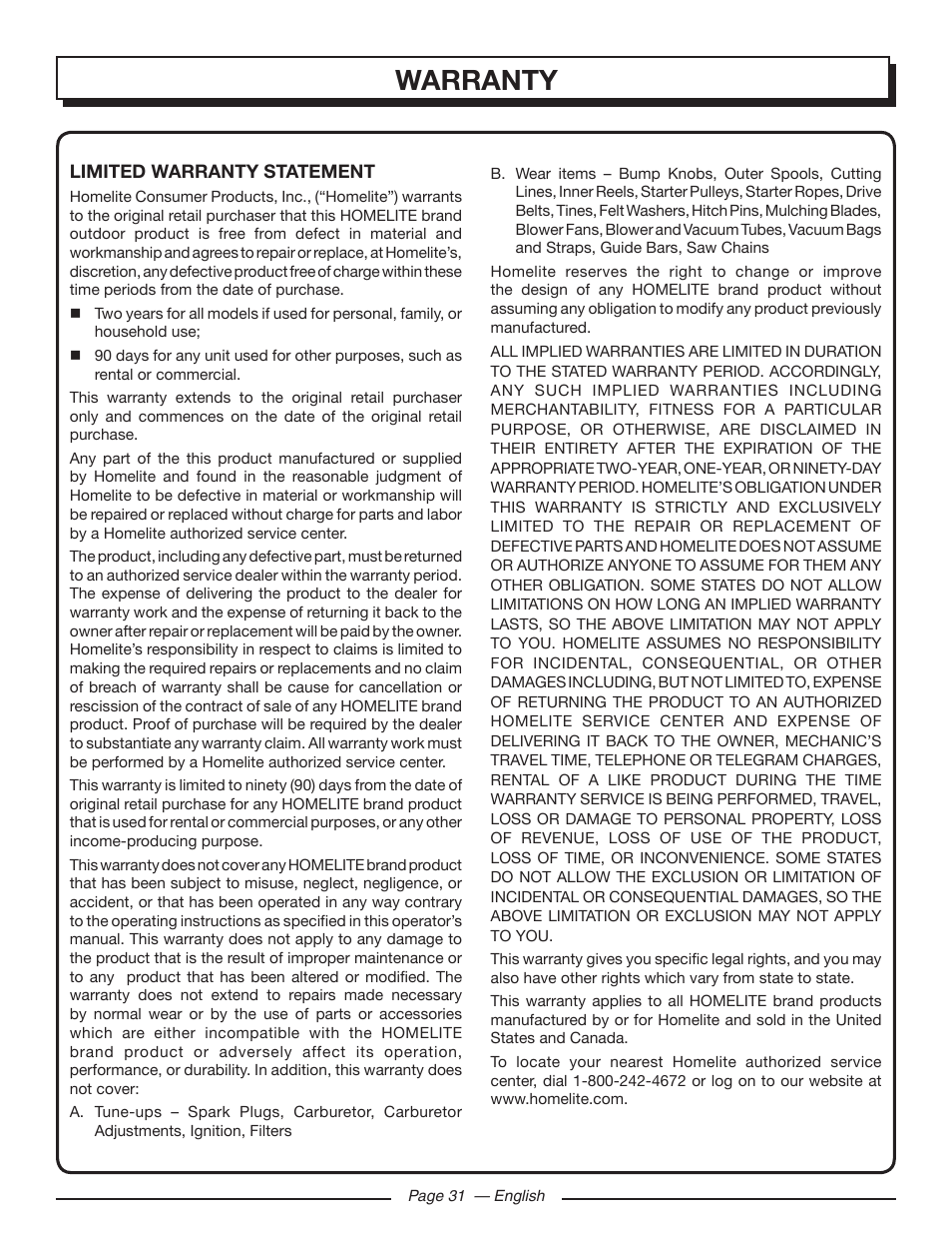 Warranty | Homelite UT43103 User Manual | Page 31 / 92