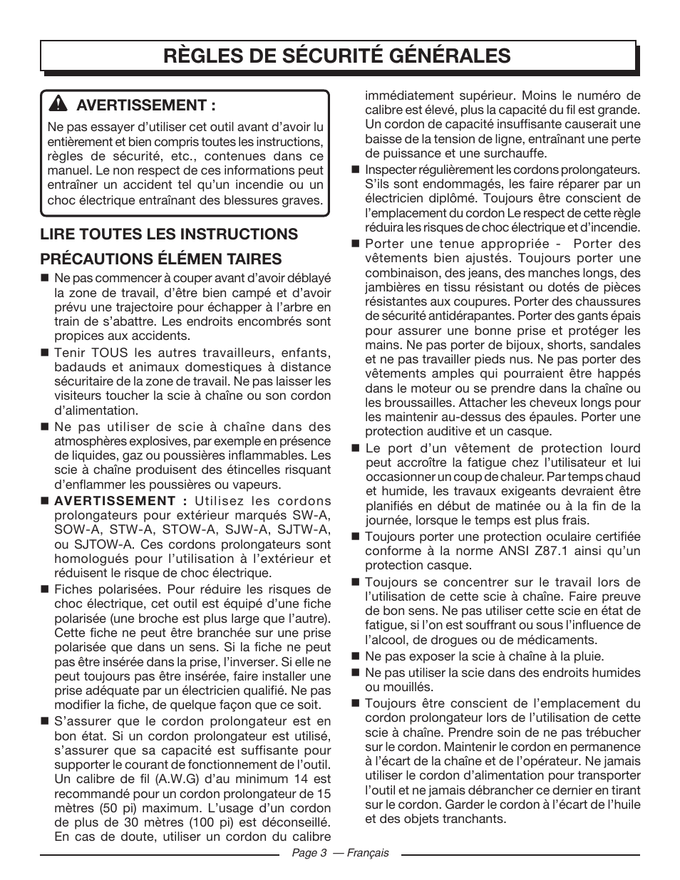 Règles de sécurité générales, Avertissement | Homelite UT43103 User Manual | Page 33 / 92