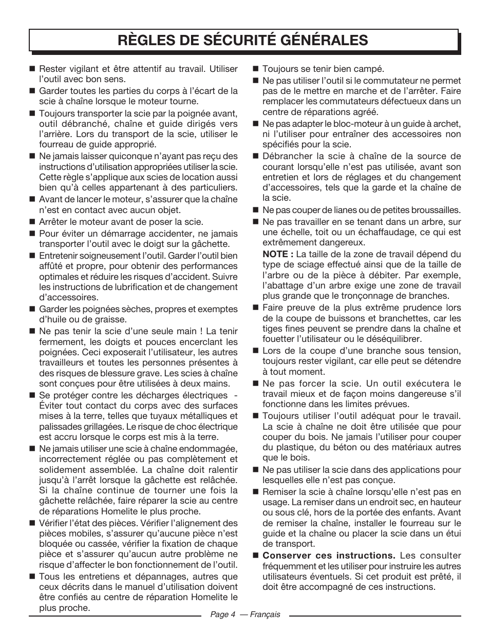 Règles de sécurité générales | Homelite UT43103 User Manual | Page 34 / 92