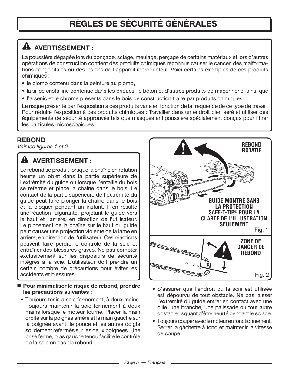 Règles de sécurité générales, Avertissement, Rebond | Homelite UT43103 User Manual | Page 35 / 92