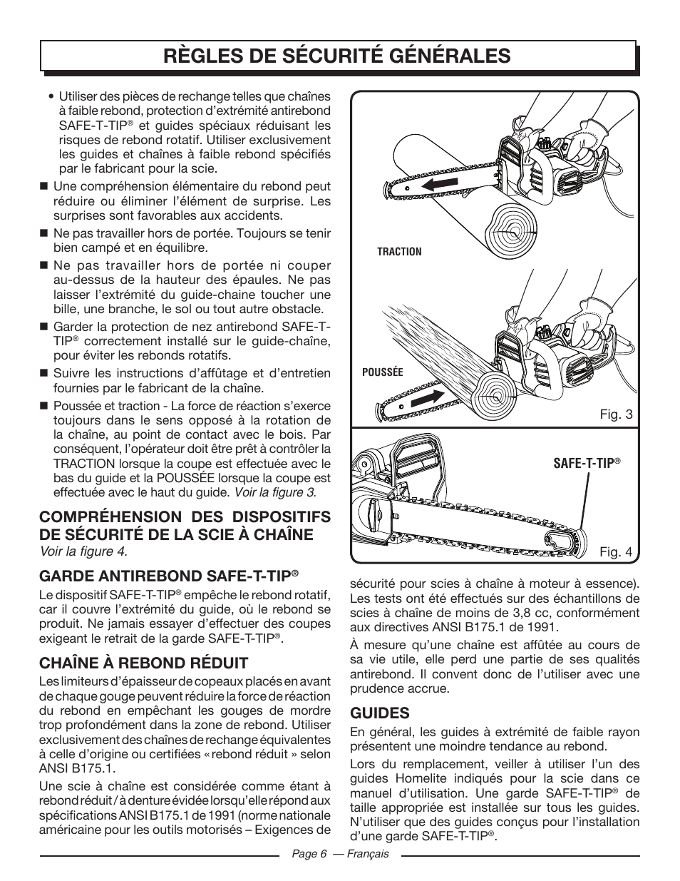 Règles de sécurité générales, Garde antirebond safe-t-tip, Chaîne à rebond réduit | Guides | Homelite UT43103 User Manual | Page 36 / 92