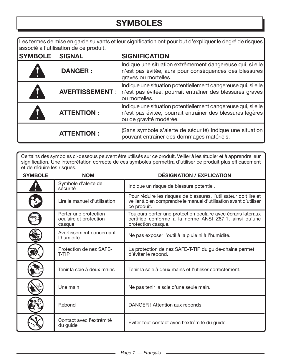 Symboles, Symbole signal signification danger, Avertissement | Attention | Homelite UT43103 User Manual | Page 37 / 92