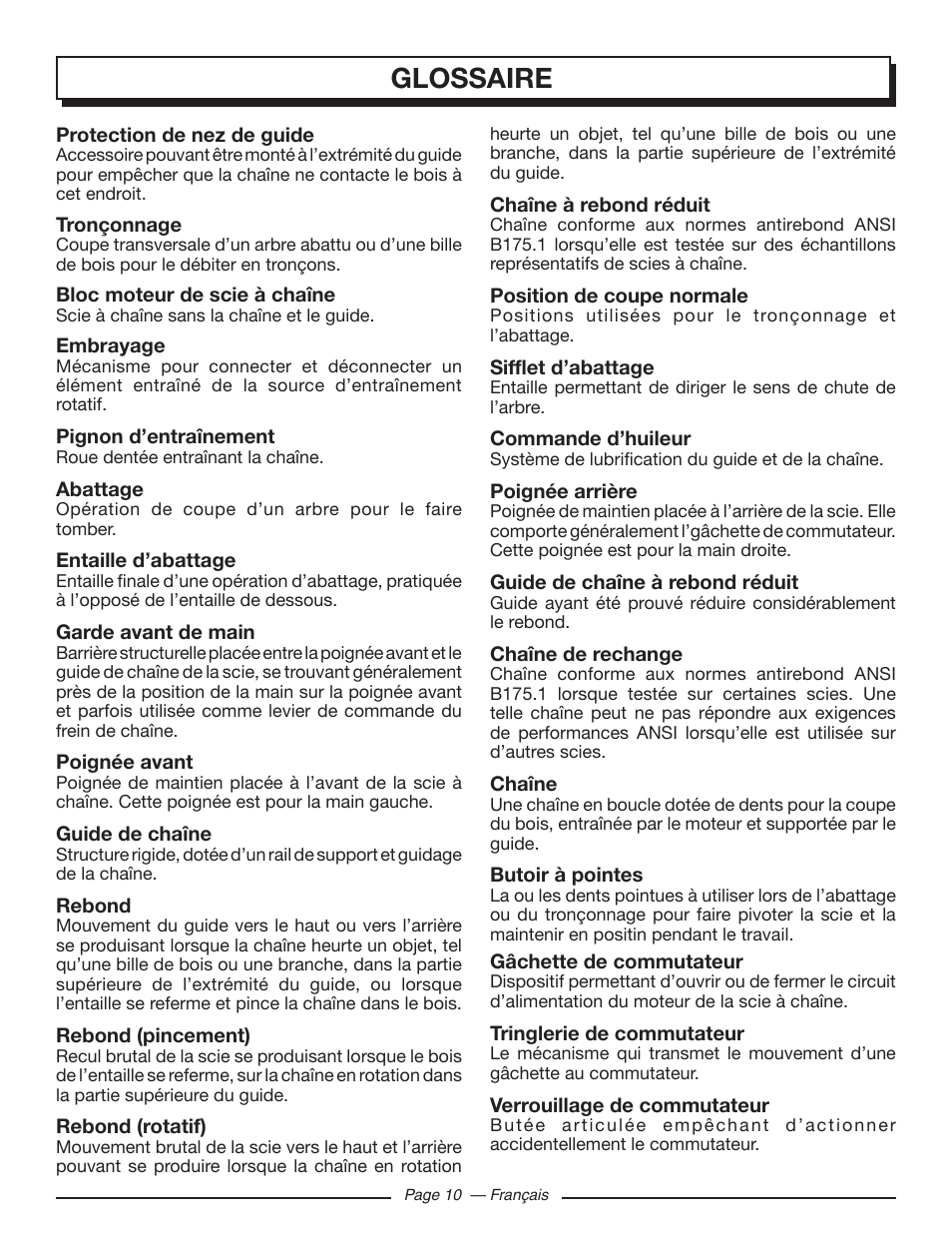 Glossaire | Homelite UT43103 User Manual | Page 40 / 92