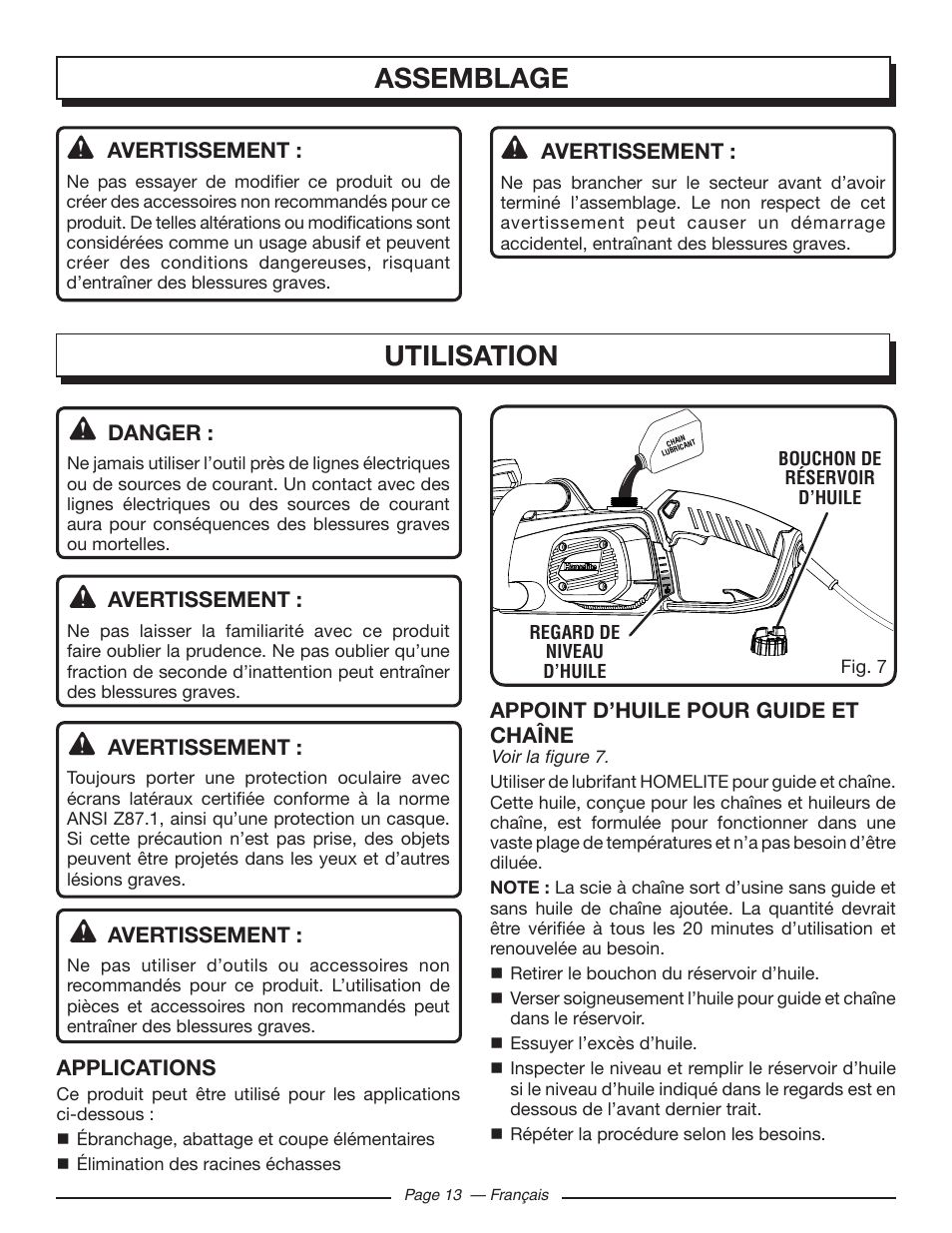 Assemblage, Utilisation | Homelite UT43103 User Manual | Page 43 / 92